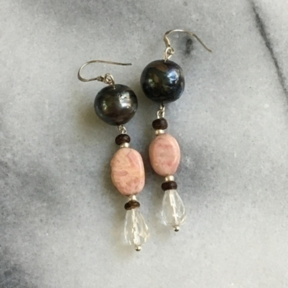 Sterling Tahitian black pearl rhodochrosite quartz crystal earrings silver